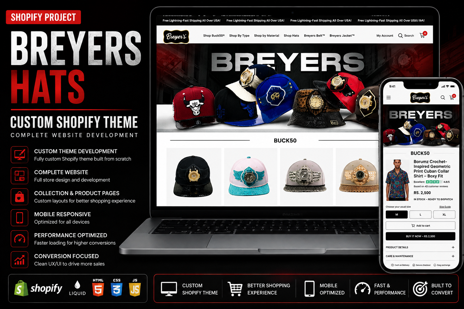 Breyers Hats custom Shopify theme and full website development project